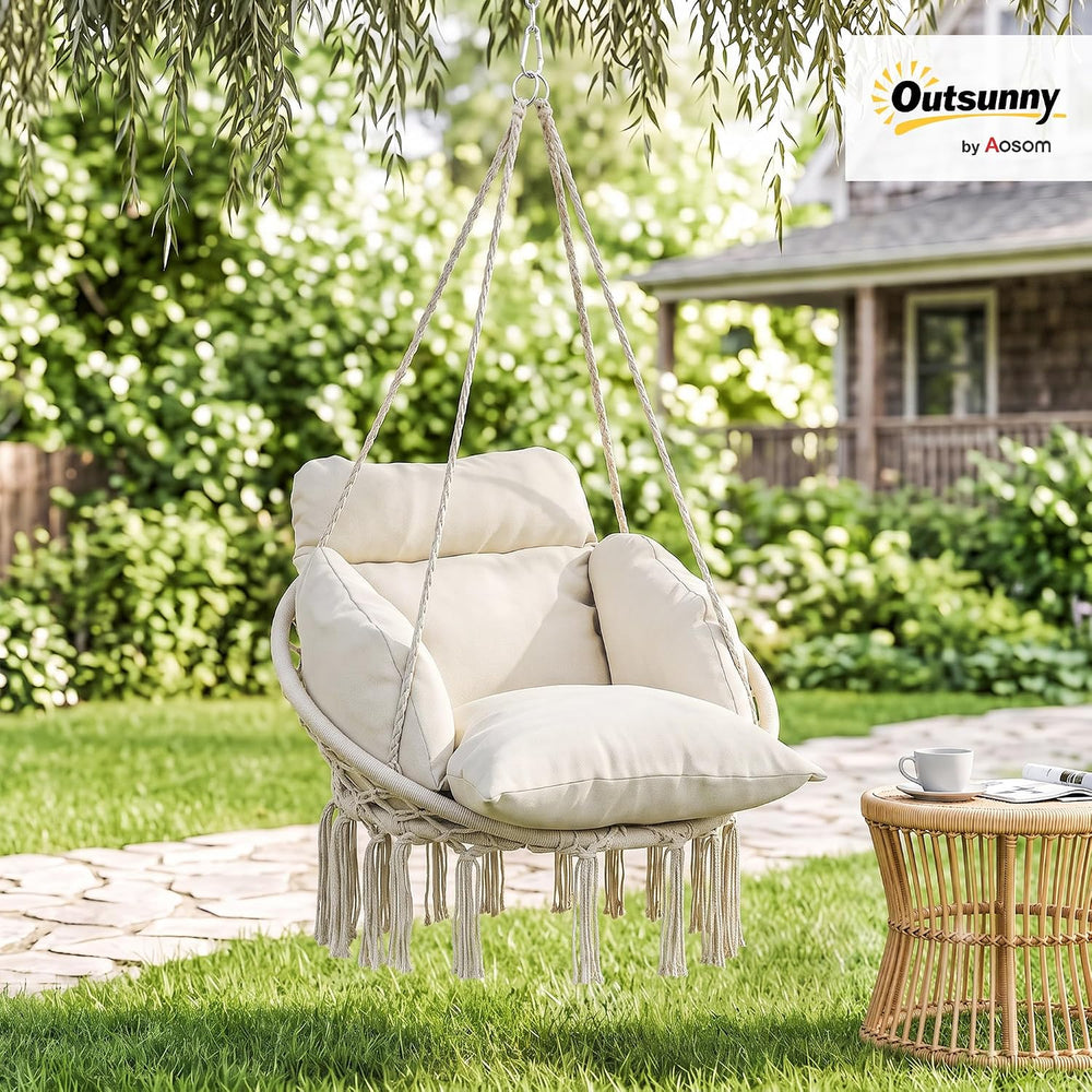 Outsunny Hammock Swing Chair w/ Large Cushion Cotton Rope Chain Cream White