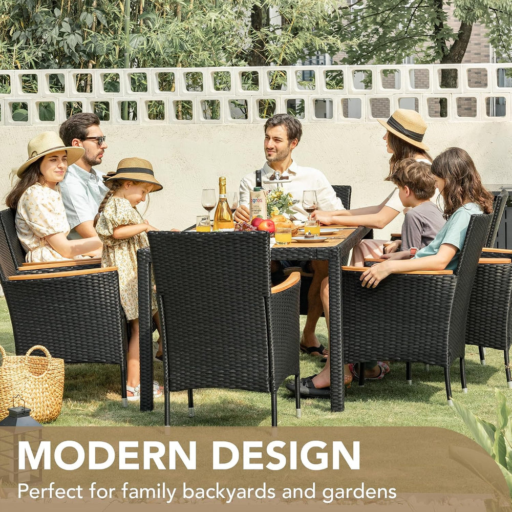 Devoko 9 PCS Acacia Wood Patio Dining Set, Black Rattan