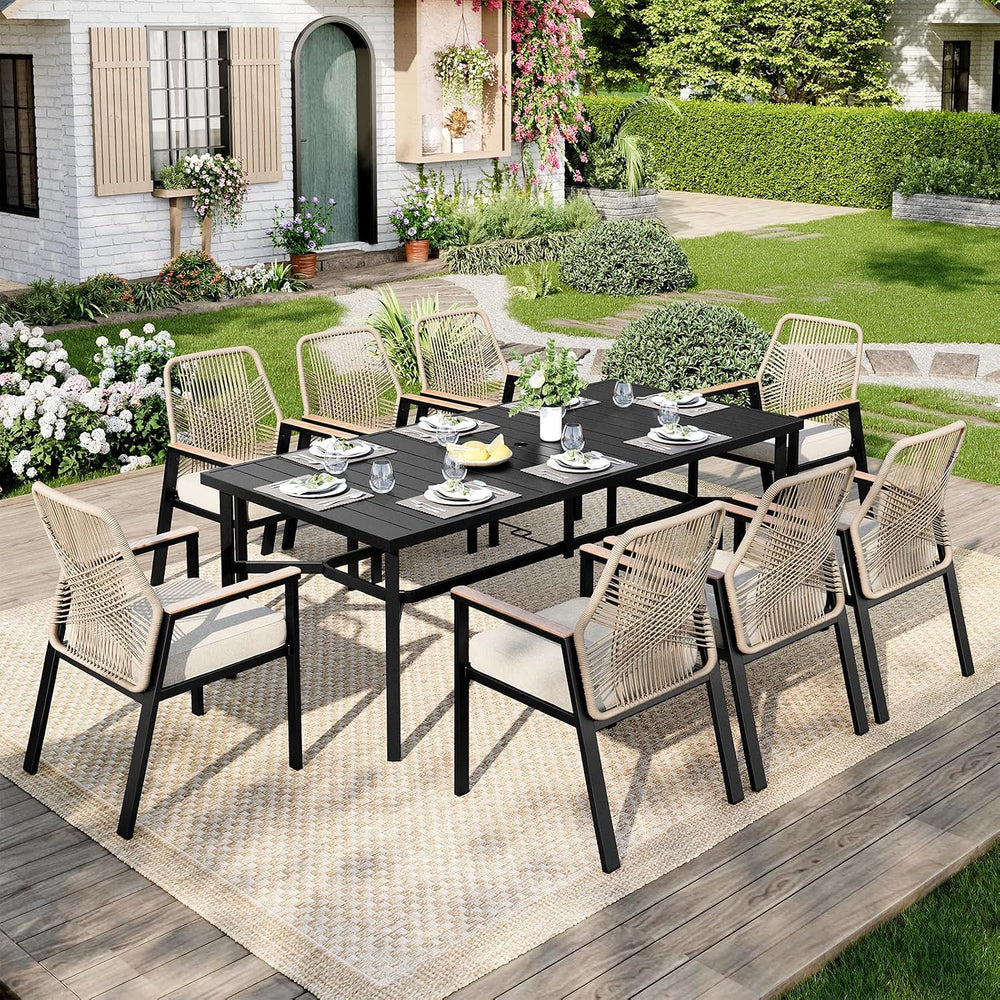 Outdoor Dining Table for 8, Black Metal Table w/Umbrella Hole