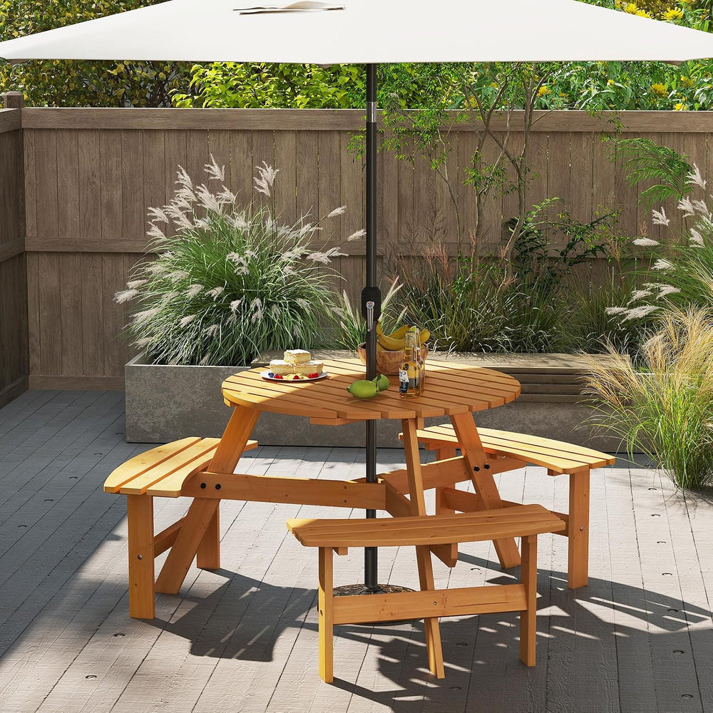 GIANTEX 6-Person Round Picnic Table Set with 3 Benches, 550 LBS Bench Capacit...