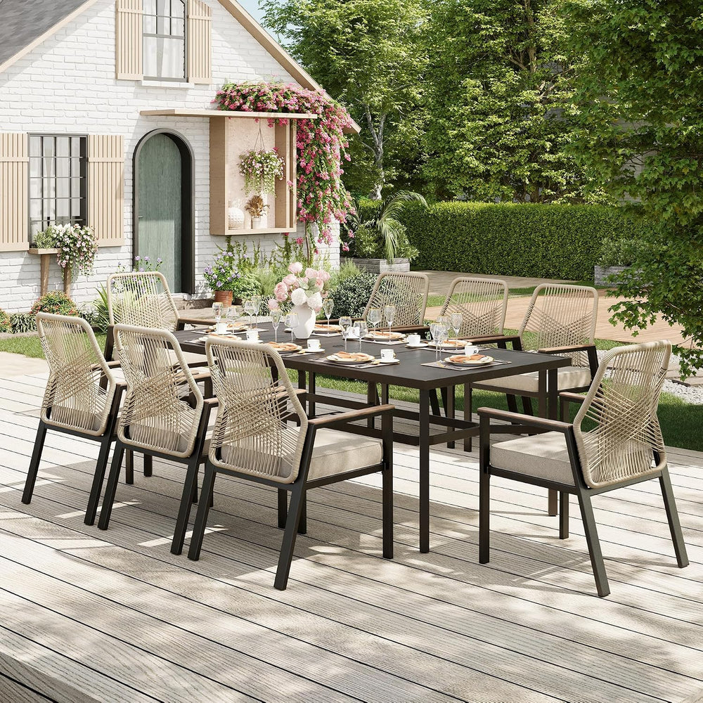 9pc Patio Dining Set, 83" Rectangular Metal Table, 8 Rattan Chairs