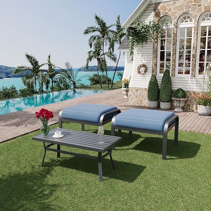 HOMREST Metal Outdoor Ottoman, 3-Piece Aluminum Footstool w/Removable Cushion...