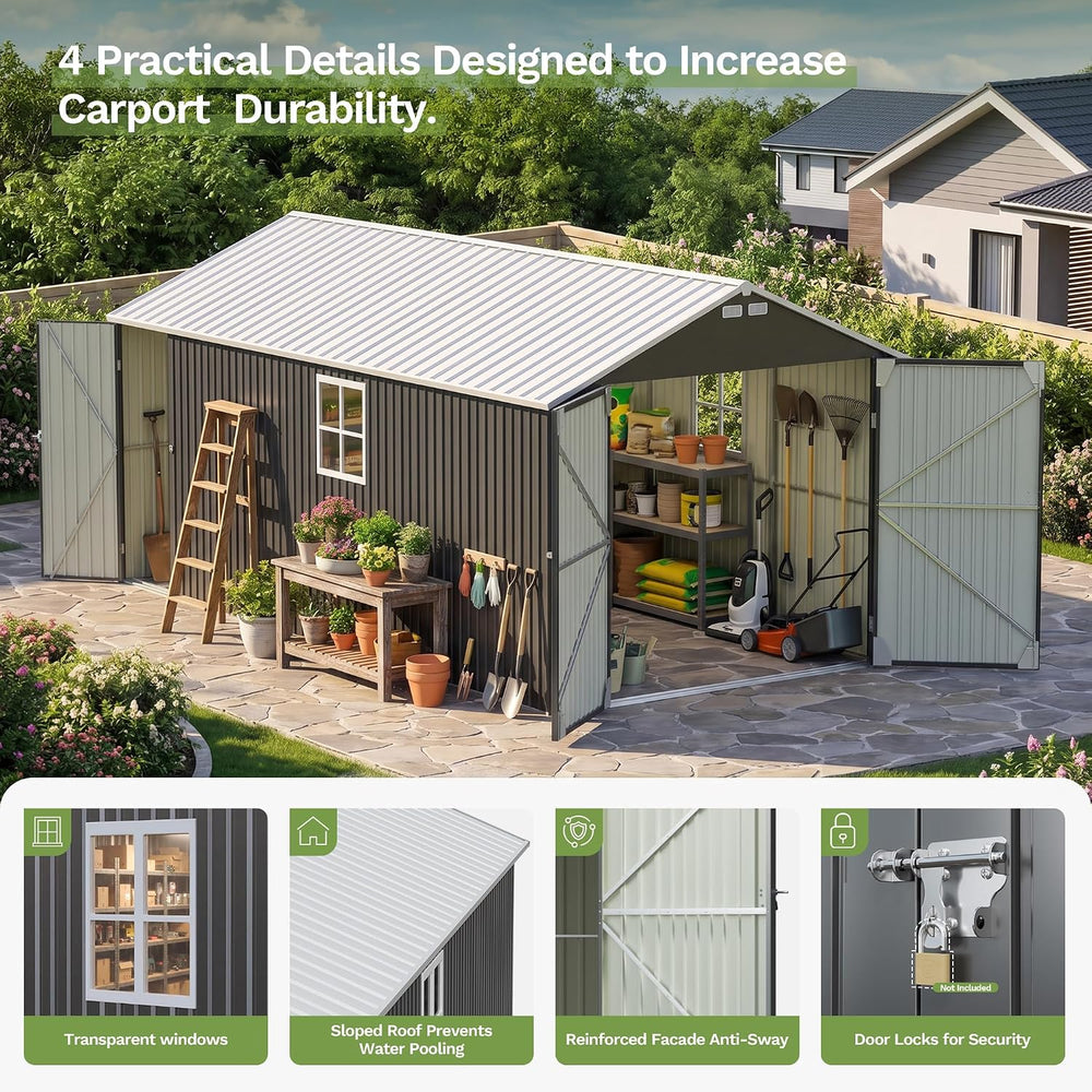 Greesum 12x20FT Heavy Duty Metal Garage with Side Door, Black