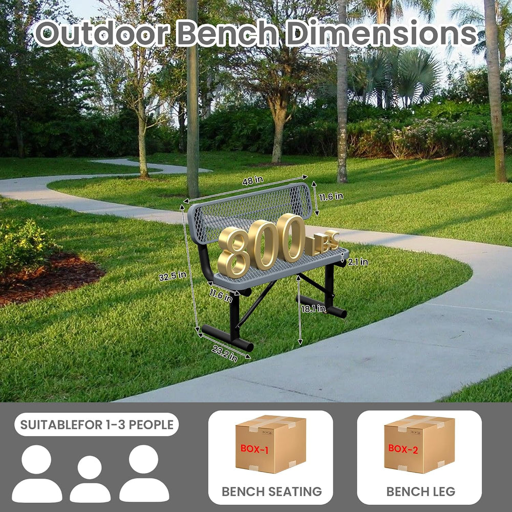 4ft Gray Metal Park Bench with Backrest, Heavy Duty Outdoor Benches Weatherpr...
