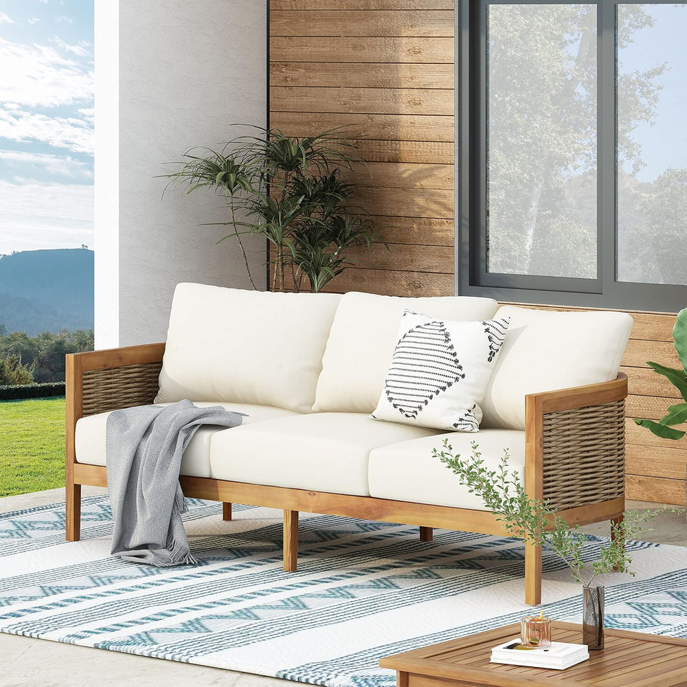 Merax 76.5" Outdoor Acacia Wood Wicker 3 Seater Sofa, Patio Furniture Co...