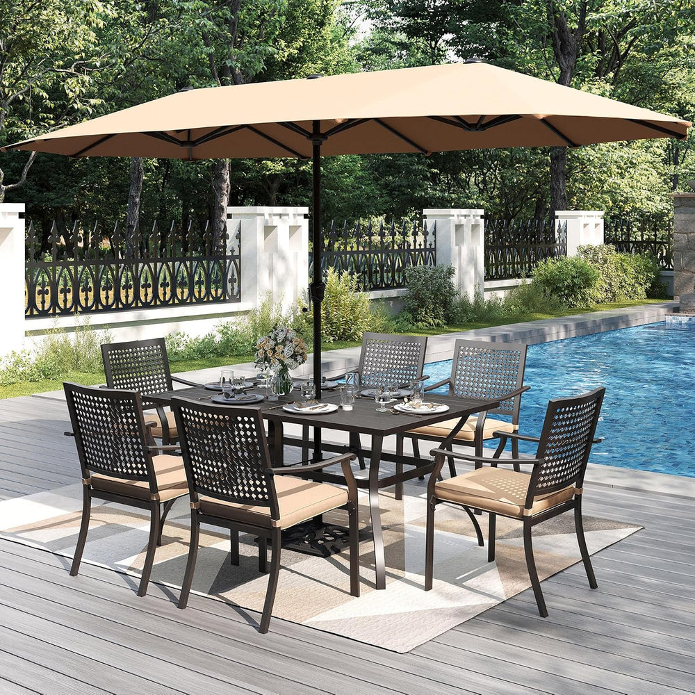PHI VILLA Outdoor Table Chairs Set w/Umbrella, Patio Metal Furniture for 6
