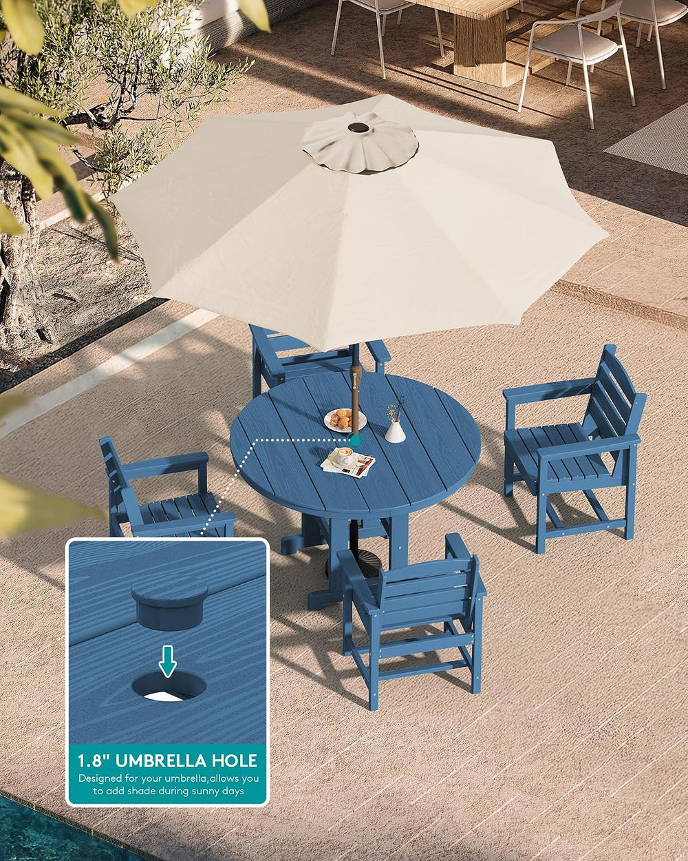 SERWALL 5-Piece Patio Round Dining Set, 45" Table, 4 Chairs, Navy