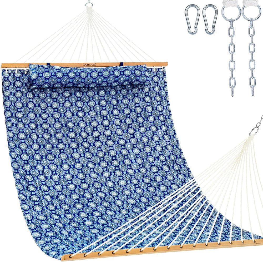 Lazy Daze 12FT Double Quilted Hammock for Outside with Pillow, Blue Floral