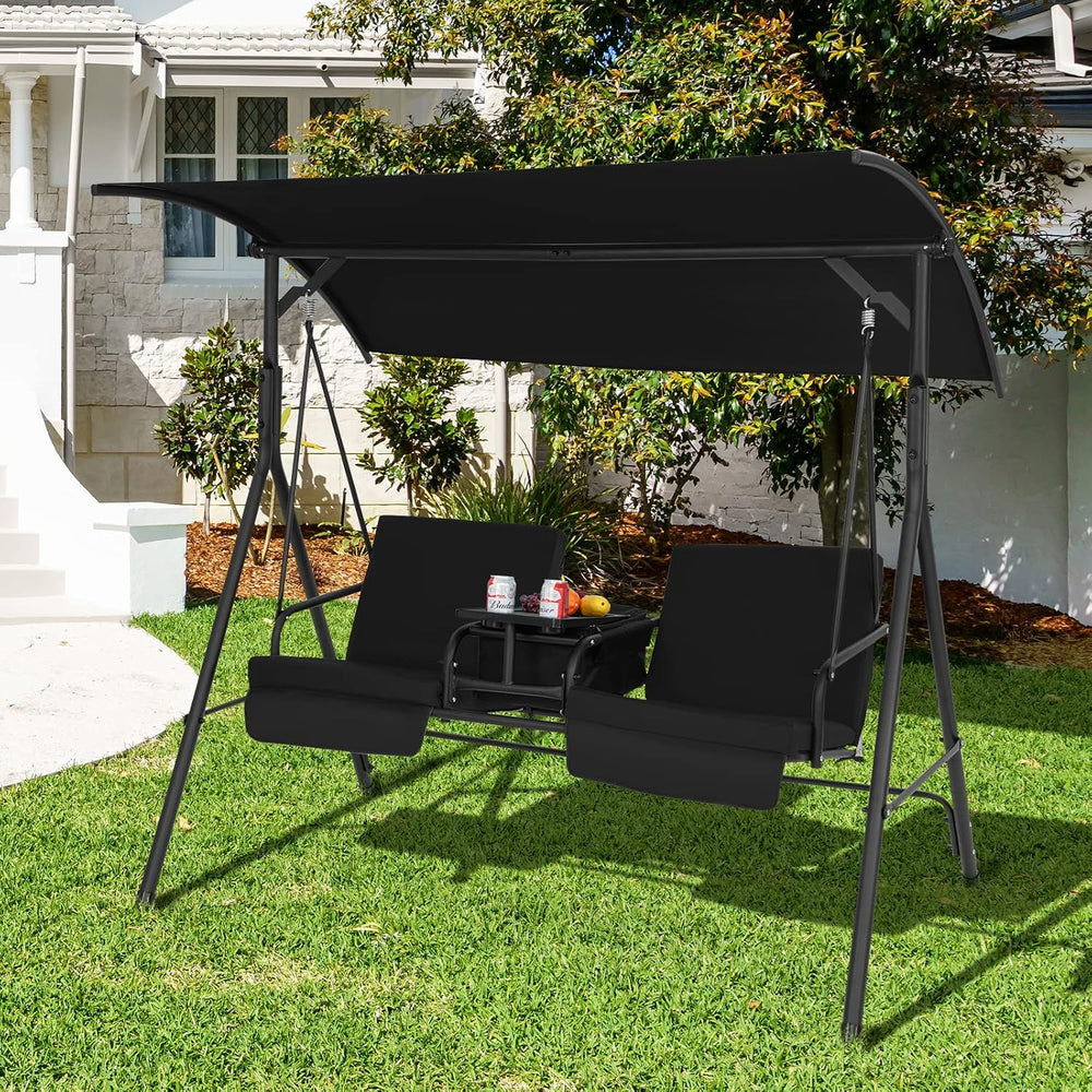 Tangkula 2 Person Porch Swing with Cooler Bag, Black