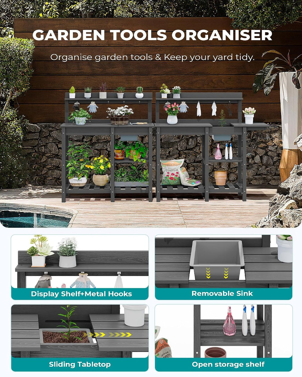 SERWALL Outdoor Potting Bench with Removable Sink,Gardening Table,Grey
