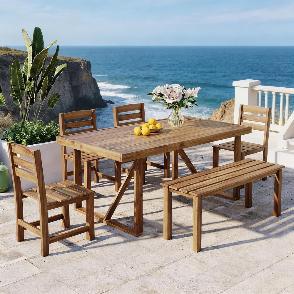 RuiSiSi Outdoor Dining Table Set for 6, Acacia Wood Patio Dining Set with Ben...