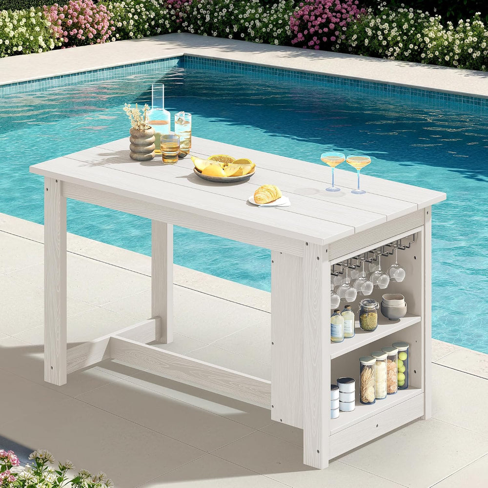 SERWALL Outdoor HDPE Counter-Height Bar Table with Storage Rack, White