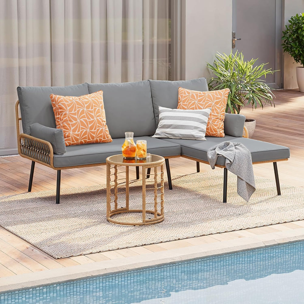 Gizoon 3-Piece Outdoor Patio Furniture Set, PE Wicker L-Shaped Sofa Grey