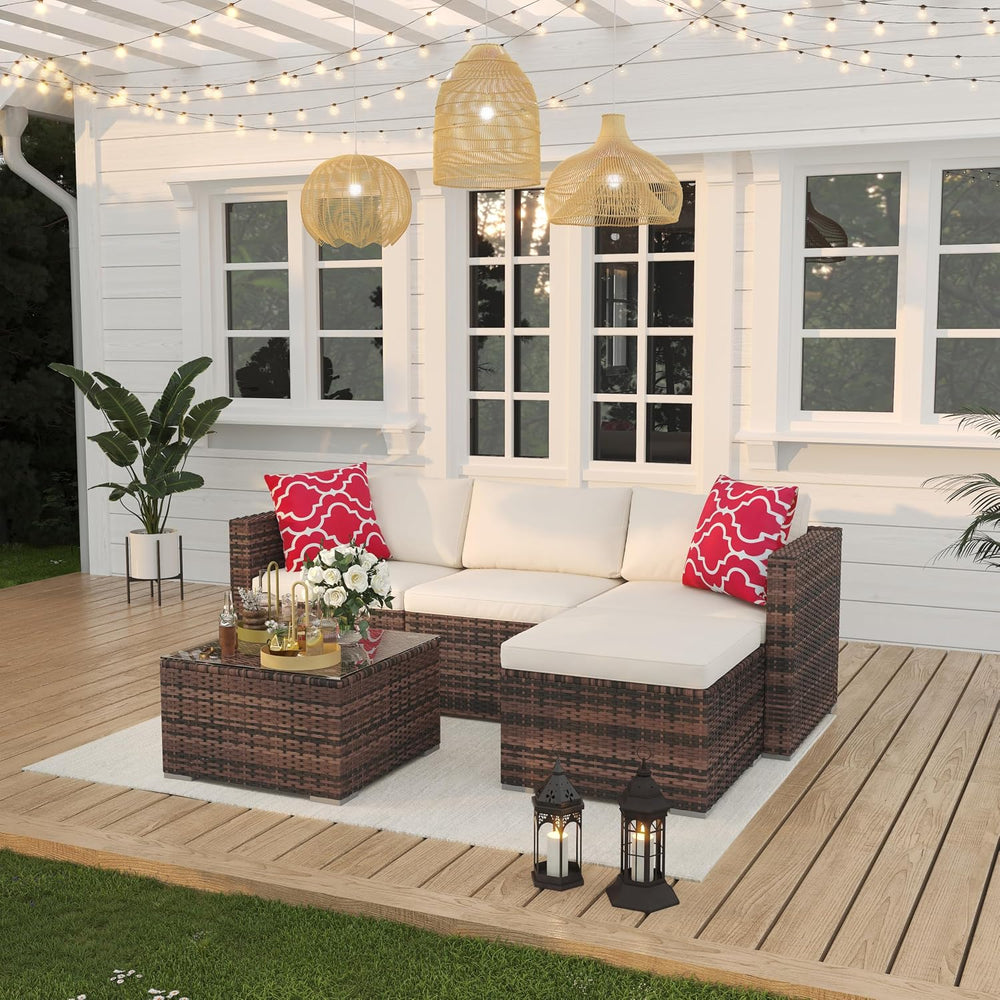 Outdoor Patio Furniture Set, 5 Pieces All-Weather Wicker Sectional Conversati...