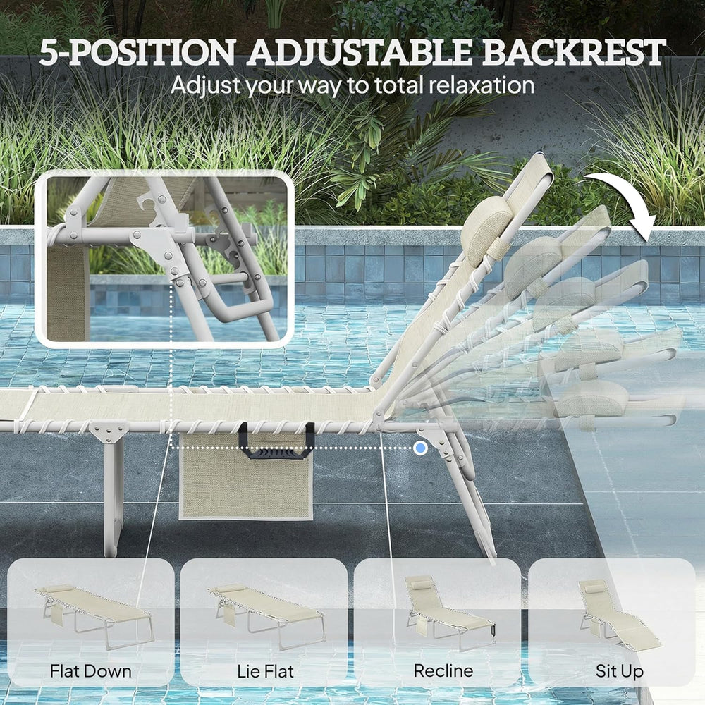 Outsunny Tanning Chair with Face Hole Breathable Mesh Beige | Side Table, Fol...
