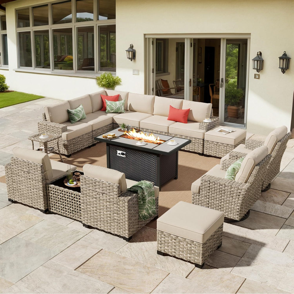 HOOOWOOO Outdoor Sectional Patio Furniture Set with Fire Pit Table,15 Pieces ...