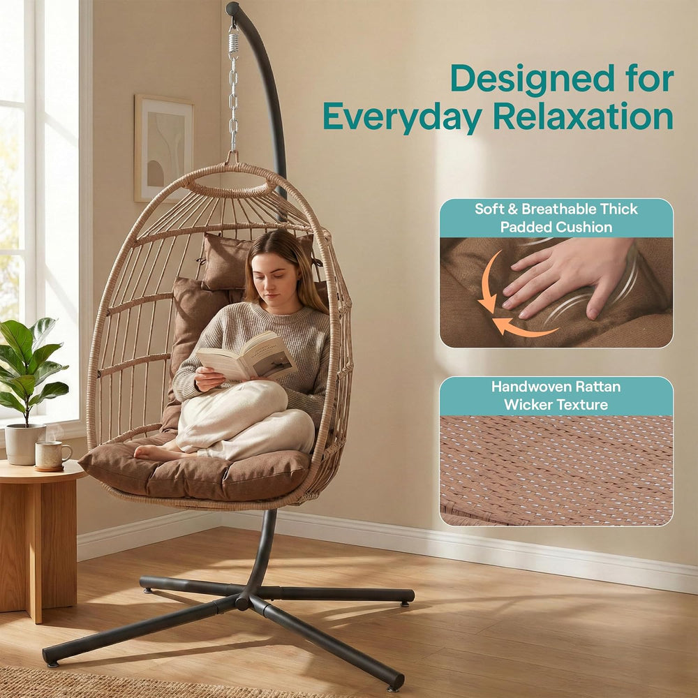SereneLife Hanging Egg Chair with Stand | Foldable Rattan Wicker Hammock Chai...