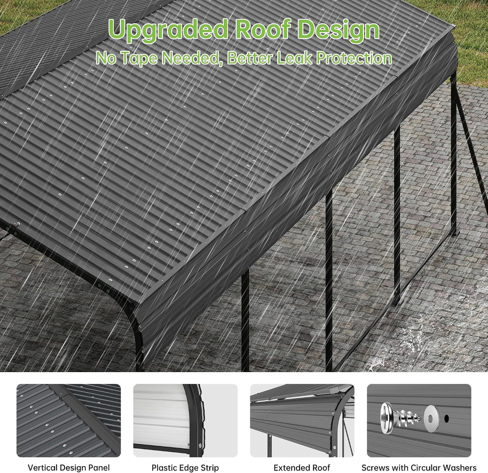 12x20 FT Updated Galvanized Steel Roof Metal Carport, Gray