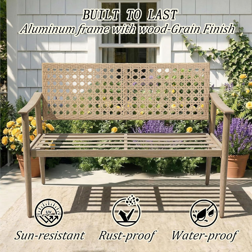 NOBLEMOOD Outdoor Patio Bench with Wicker Backrest,Cushion & Aluminum Frame