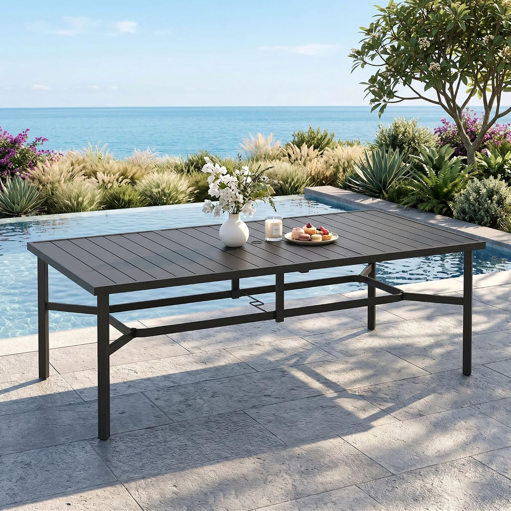 Outdoor Dining Table for 8, Black Metal Table w/Umbrella Hole
