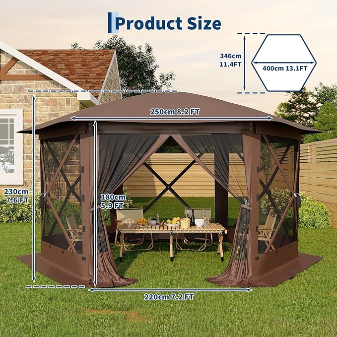 13x13FT 6-Sided Pop Up Gazebo Tent，One-Push Setup Canopy Tent with Removable ...