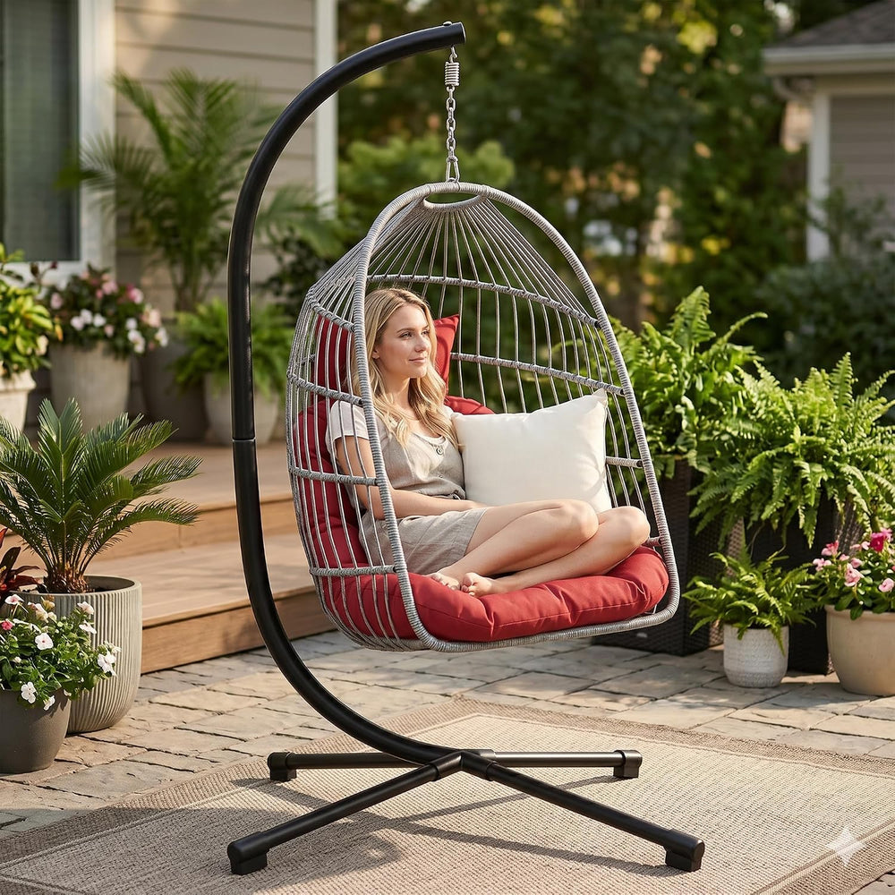 Foldable Hanging Egg Chair with Stand, HDPE Rattan and Heavy Duty Aluminum-St...