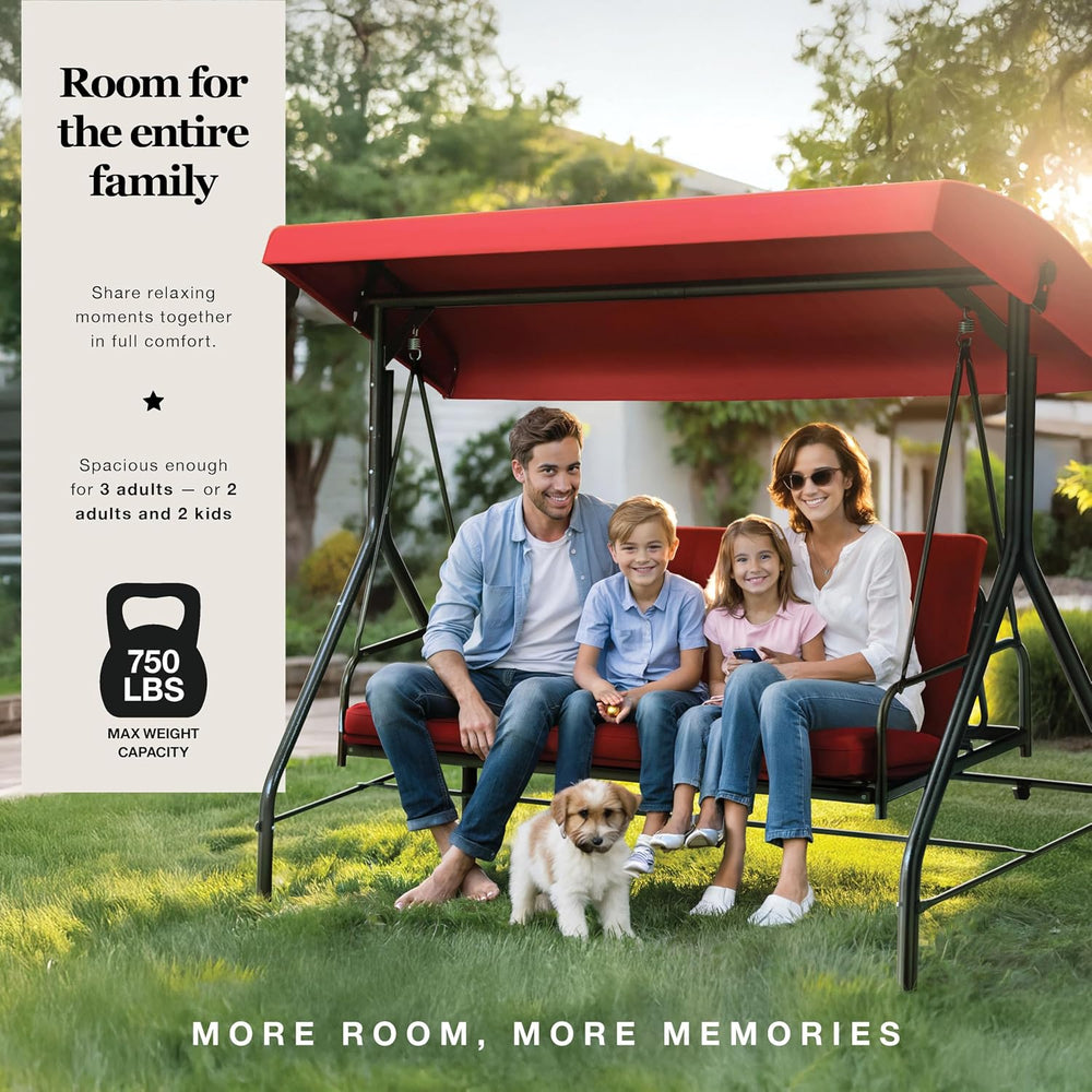 3 Seat Outdoor Patio Swing with Canopy, Convertible Glider Bed, Cushions