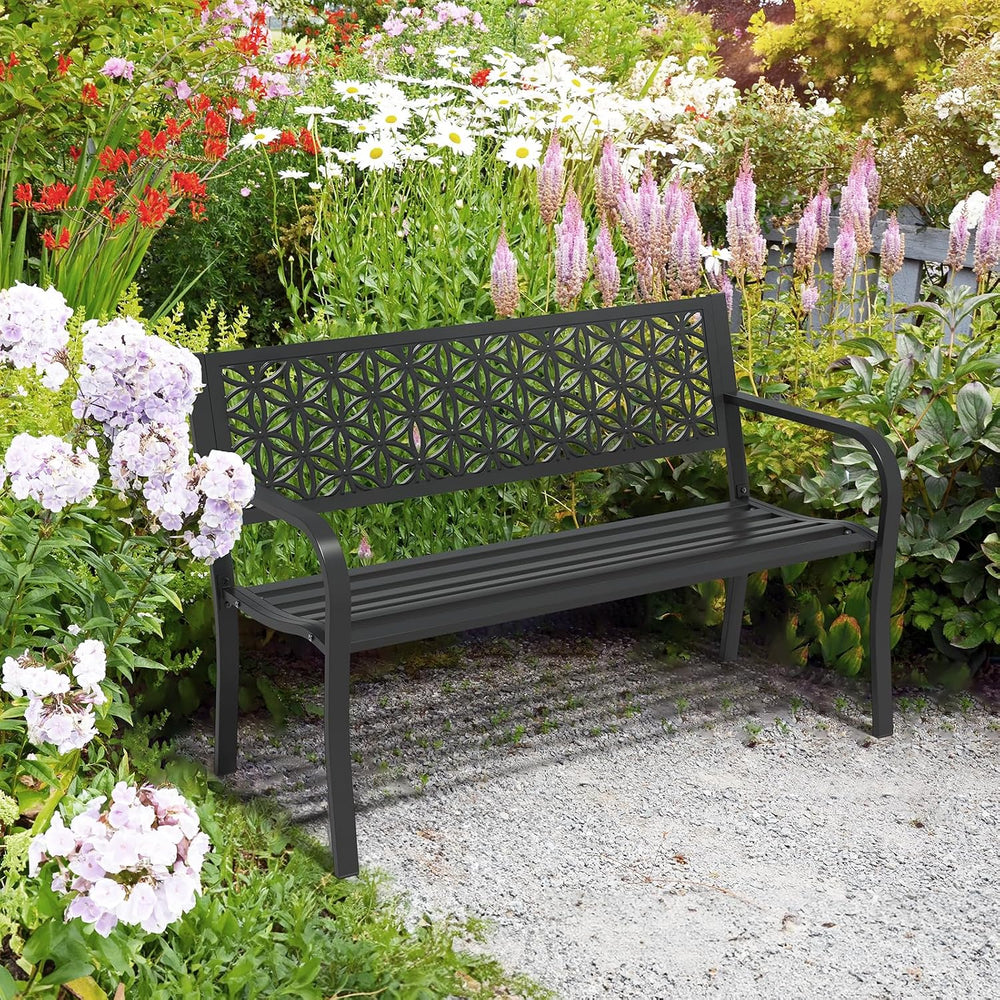 VINGLI 50" Outdoor Bench Metal with Floral Back, Garden Bench Front Porc...