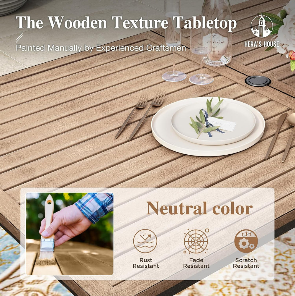 7pc Outdoor Patio Dining Set, Wood-Look Metal Table, Brown