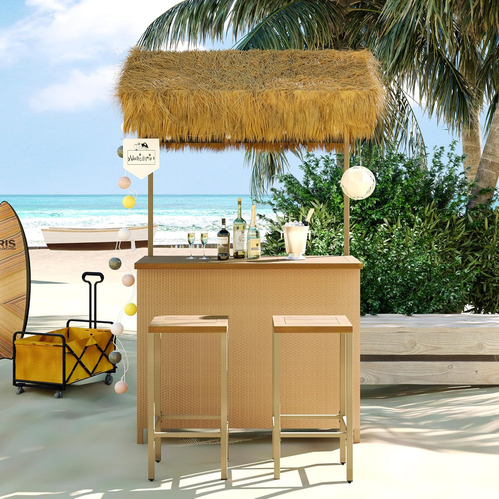 Outdoor 3-Piece Tiki Bar Set, Wicker Bar Table & 2 Stools