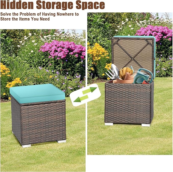 RELAX4LIFE Wicker Outdoor Storage Ottoman, 2-Piece Rattan Footstool w/Removab...