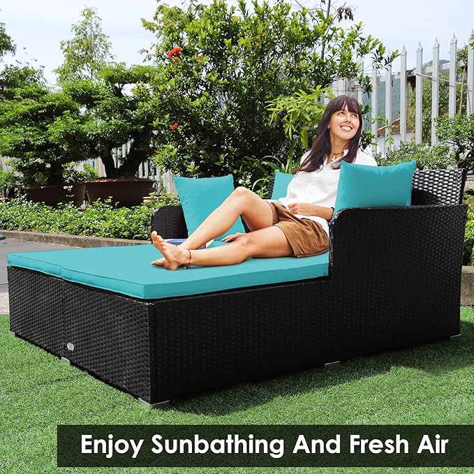 COSTWAY Outdoor Patio Rattan Daybed, Sponge Cushioned Loveseat Sofa with 4 Pi...