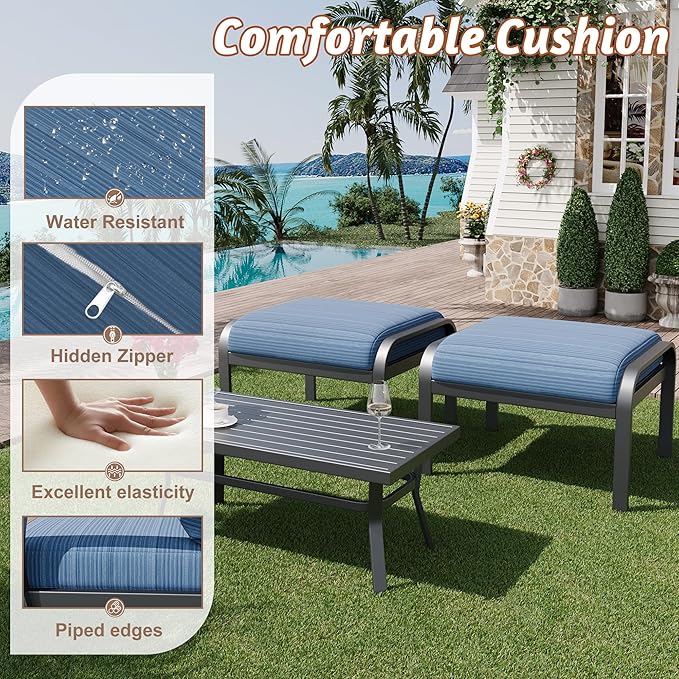 HOMREST Metal Outdoor Ottoman, 3-Piece Aluminum Footstool w/Removable Cushion...