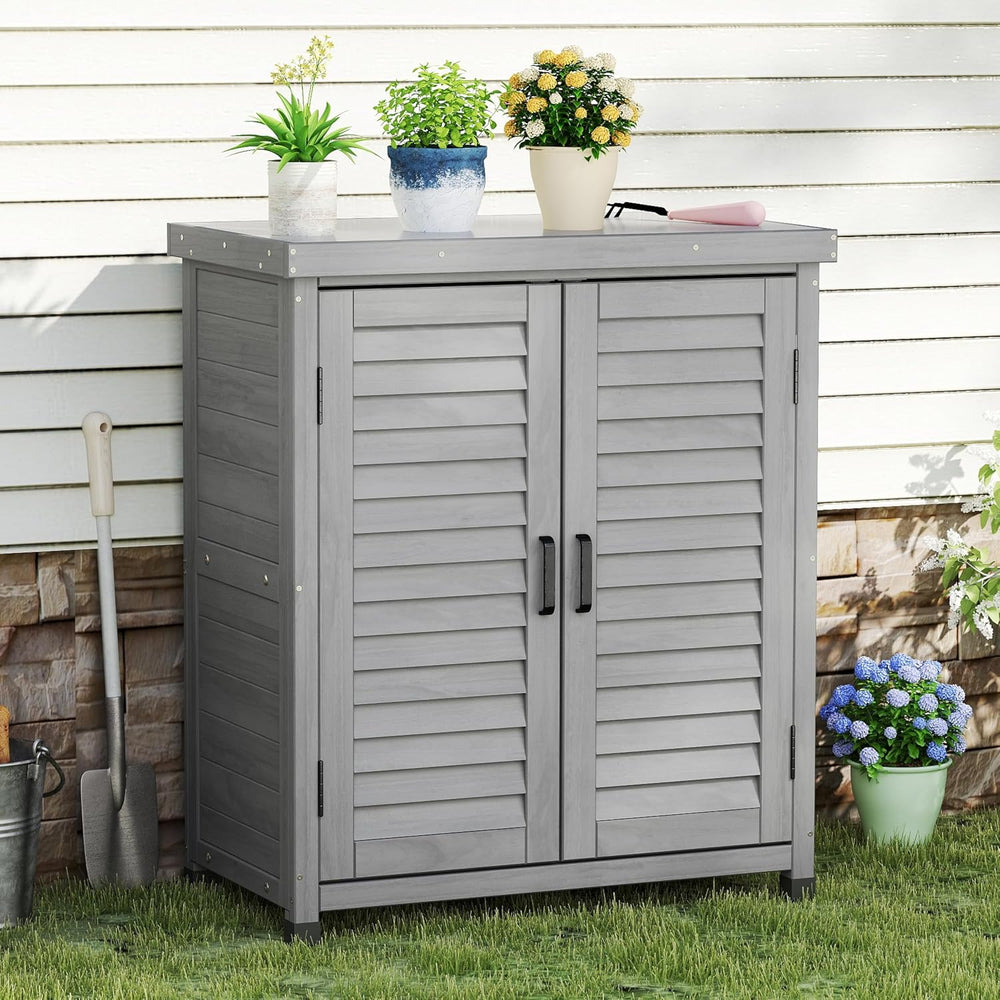 Outdoor Storage Cabinet & Potting Bench Table with Metal Top, Wooden Pati...