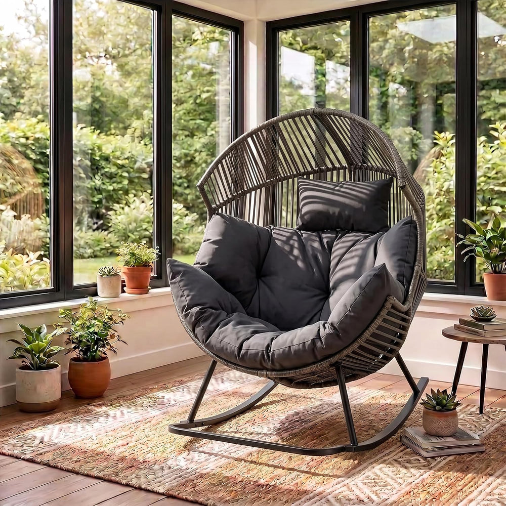 Shintenchi Oversized Outdoor Rocking Chair, Wicker Egg Patio Lounge Chair Bas...
