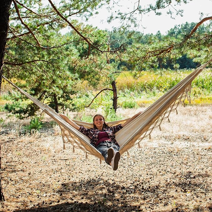 Bellzacasa Double Hammock, Heavy Duty 500 lb Load Capacity Tassels and Fishta...