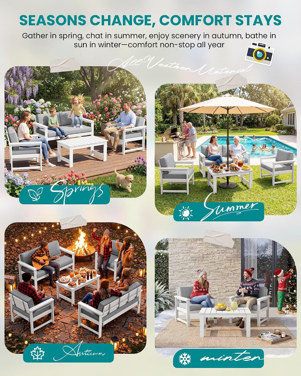 SERWALL 4 Pieces HDPE Outdoor Conversation Sofa Set with Cushions