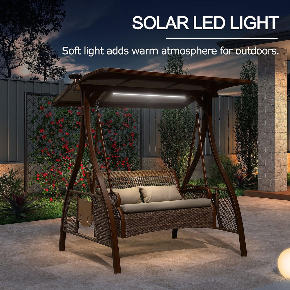 PURPLE LEAF Wicker Porch Swing 2 Person with PVC Canopy and Solar LED Light