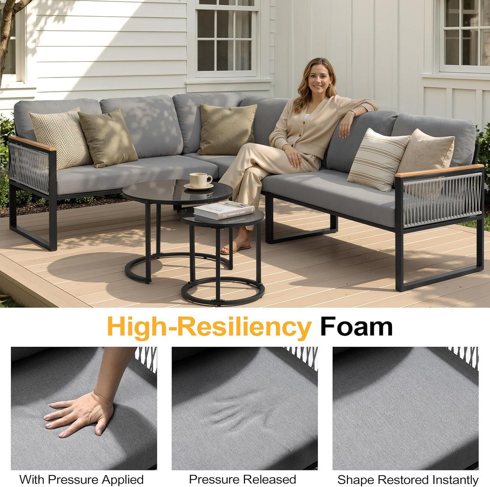 7 Piece L-Shaped Outdoor Sectional Wicker Sofa with Nesting Coffee Table