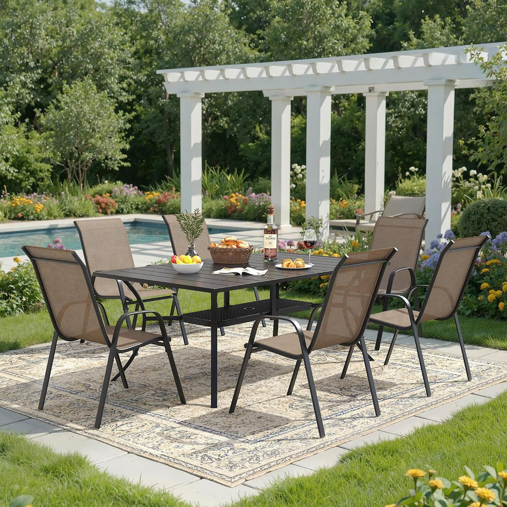DIFY 7 Piece Outdoor Dining Set, Metal Table & Brown Textilene Chairs