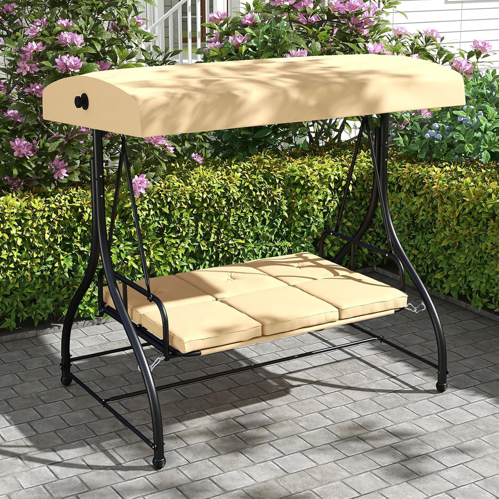 HAPPYGRILL 3 Seat Outdoor Porch Swing with Adjustable Canopy & Foot Pad