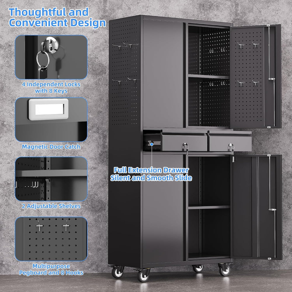 Aobabo 71" H Metal Garage Storage Cabinet Organizer with 2 Drawers