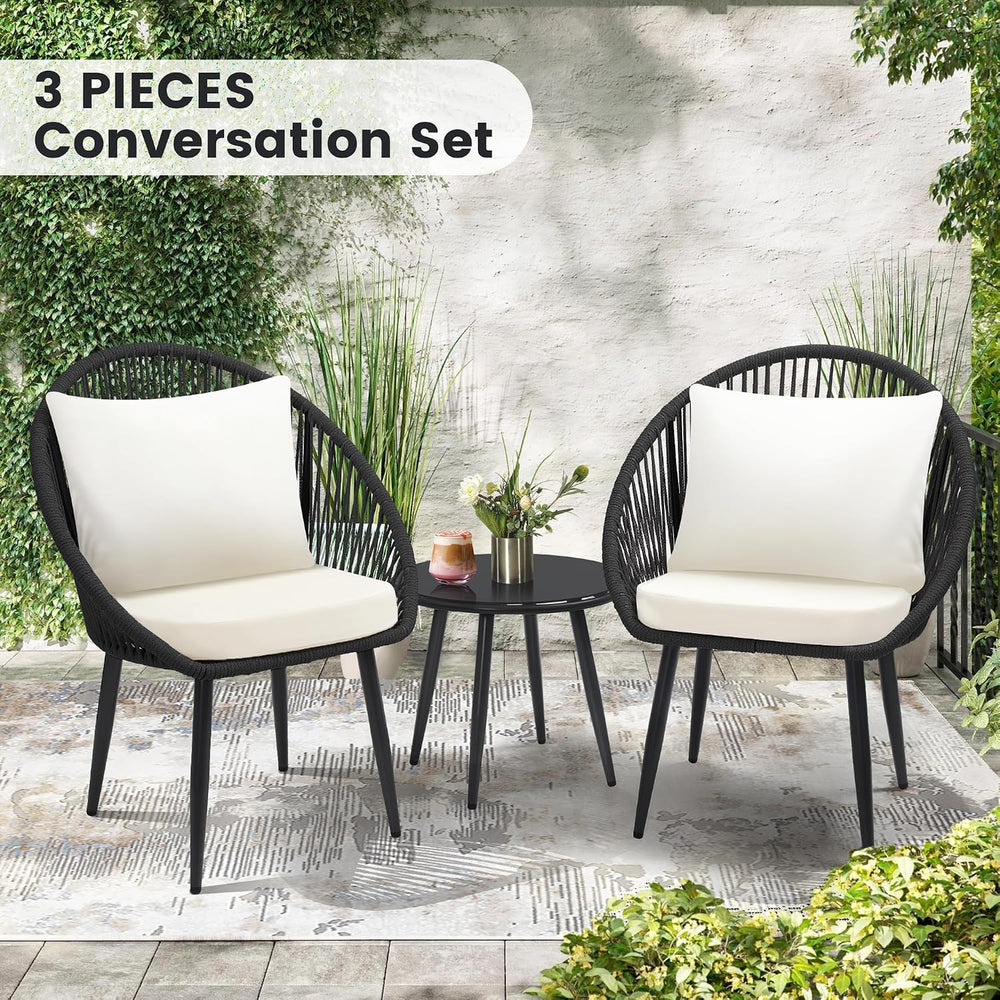 wildformers 3-Piece Bistro Set, Woven Rope Chair with Cushions, Black