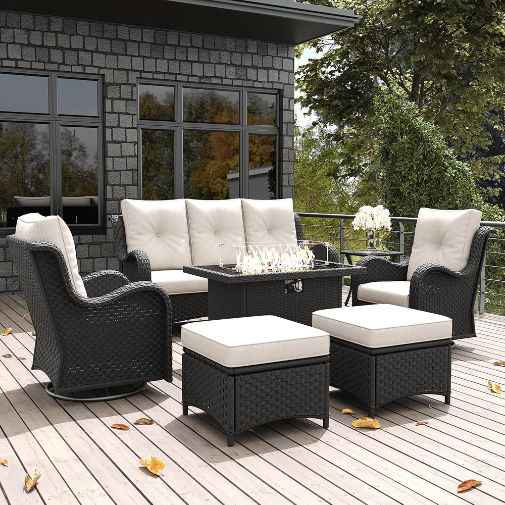 LayinSun 7 Pieces Outdoor Patio Furniture Set with Fire Pit Table, Rattan Wic...
