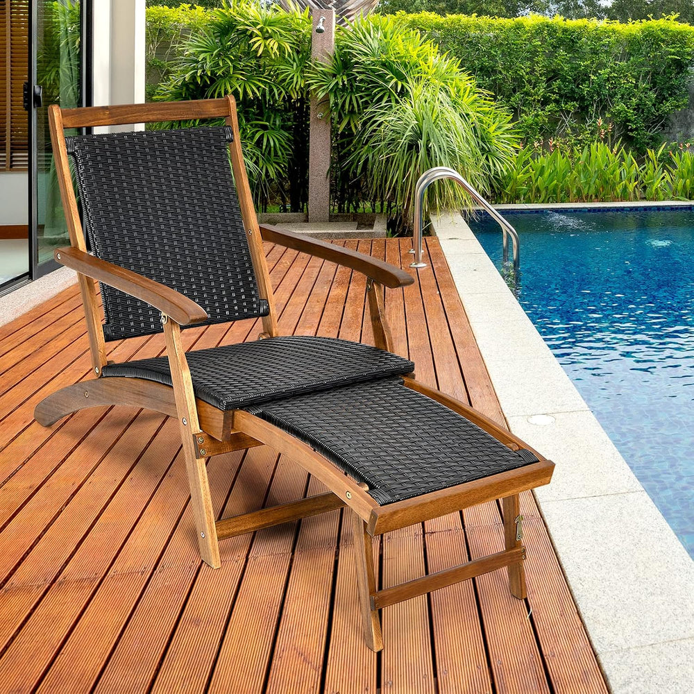 COSTWAY Patio Folding Rattan Lounge Chair, Acacia Solid Wood Frame