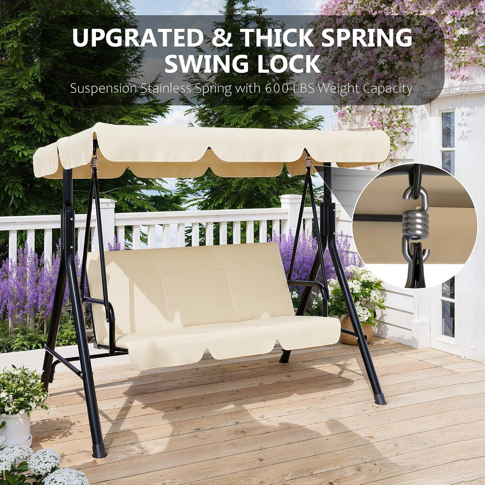 Garvee Outdoor Porch Swing with Adjustable Canopy, 3-Seat Patio Swing Chair w...