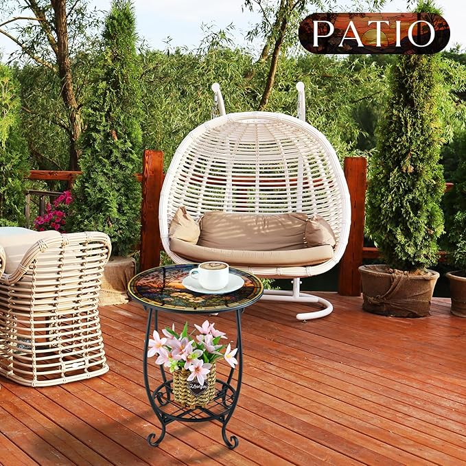 Outdoor Side Table Round Small Mosaic Patio Accent Indoor End Plant Coffee Te...