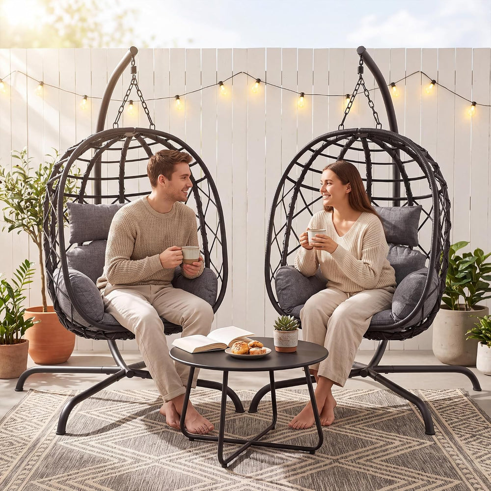Hanging Egg Chair with Stand Patio Wicker Rattan Swing Chair Hammock Egg Chai...