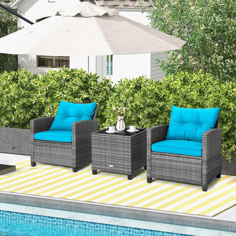 Tangkula 3 Pieces Patio Furniture Set, Outdoor PE Rattan Conversation Chair S...