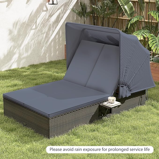RELAX4LIFE Outdoor Rattan Daybed w/Canopy - Wicker Double Chaise Lounge w/6-P...